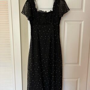 Lulu's Black Midi Dress with Sheer Sleeves